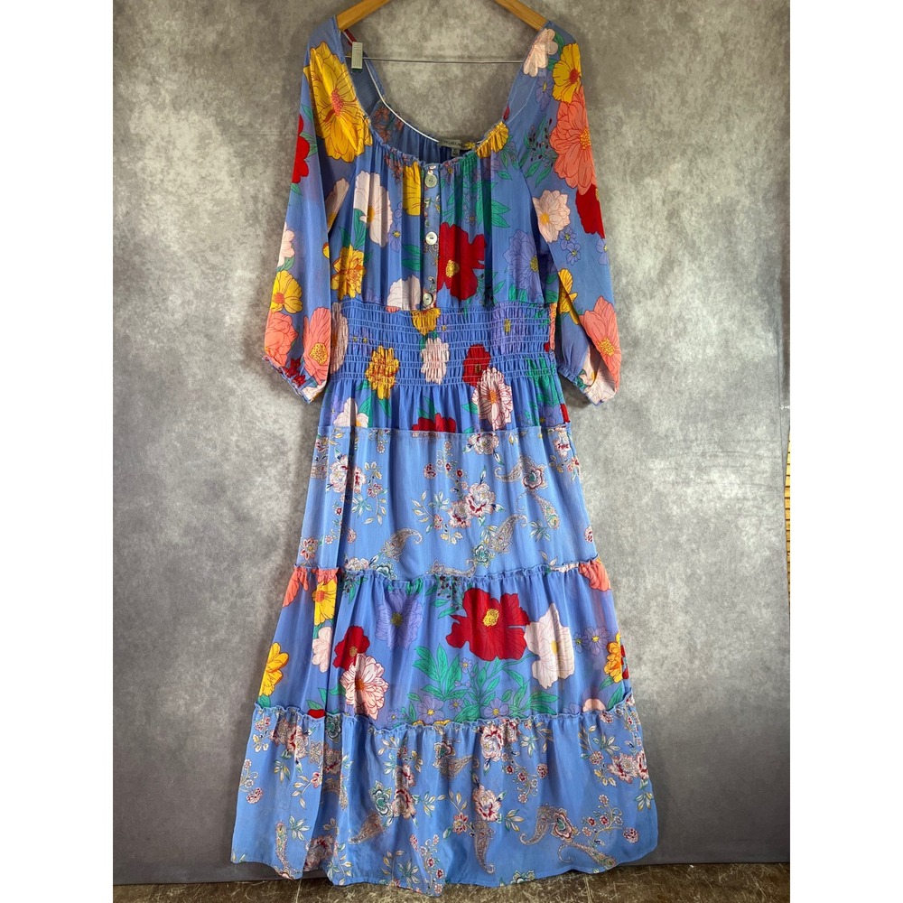 Figueroa & Flower Tiered Maxi Dress Women XL Blue Floral Smocked Boho F800153C10 - Picture 1 of 9